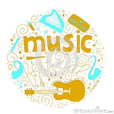 Music festival concept in circle in hand drawn doodle style. Vector Illustration