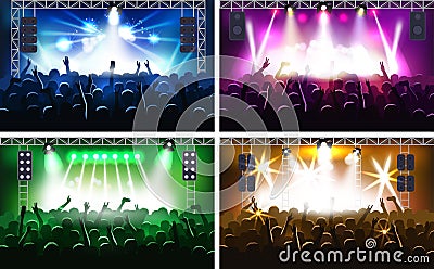 Music festival or concert streaming stage scene with lights fanzone vector illustration party human hands silhouette Vector Illustration