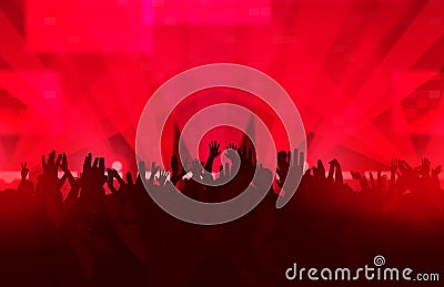 Music festival with dancing people and glowing lights. Vector Illustration