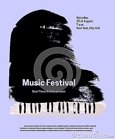 Music festival design template. Vector piano, painted with brush strokes and text on blue background. Vector Illustration