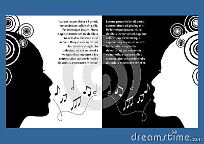 Music festival flyer, leaflet. Monochrome symmetric design, black and white. Woman face profile cut out, musical notes Vector Illustration