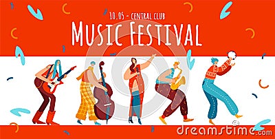 Music festival, hippie people character, flat vector illustration. Boho style, male, female with guitar, viola, trumpet. Vector Illustration