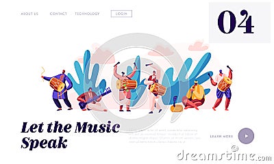 Music Festival in India Landing Page. Musician Playing Musical Instrument Dhol, Drum, Flute and Sitar at National Instrumental Vector Illustration
