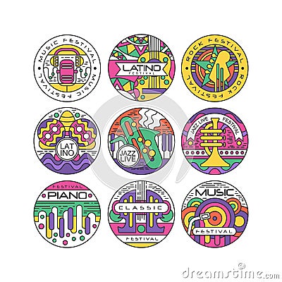 Music festival logo set, Latino, Jazz, Piano, Rock, Classic round labels or stickers vector Illustrations Vector Illustration