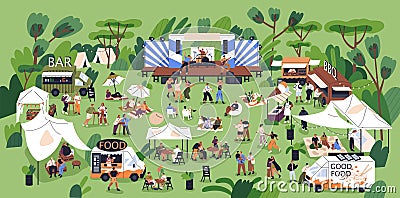 Music festival, open-air concert with outdoor stage, live performance, dancing people in nature, food trucks and tents Vector Illustration