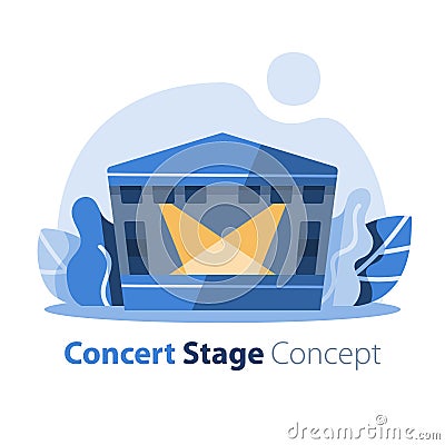 Music festival, outdoor concert stage with gabled roof, entertainment performance, festive event arrangement Vector Illustration