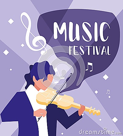 music festival poster with man playing fiddle Cartoon Illustration