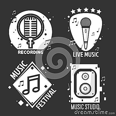 Music festival or shop labels vector headphones, microphone for recording studio Vector Illustration