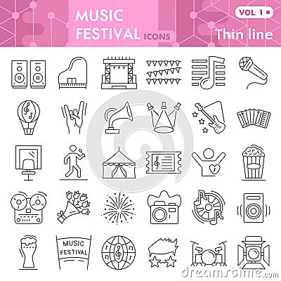 Music festival thin line icon set, musical instruments symbols collection or sketches. Party linear style signs for web Vector Illustration