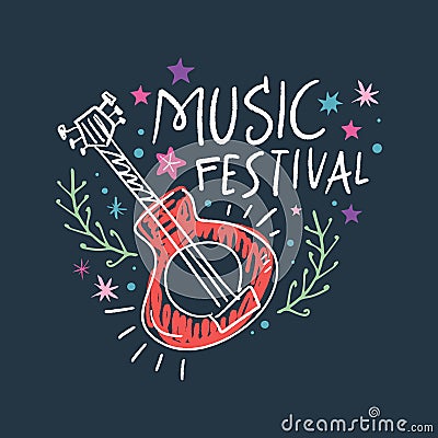 Music festival vector illustration, guitar art and lettering text Cartoon Illustration