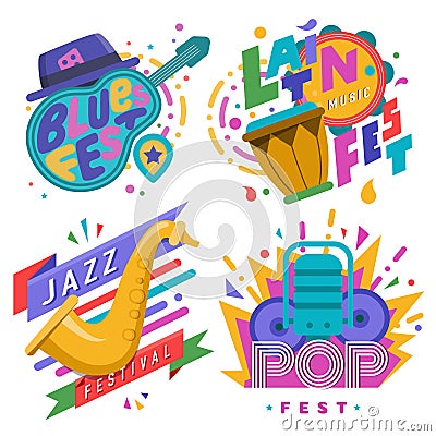 Music festivals emblem invitation set Vector Illustration