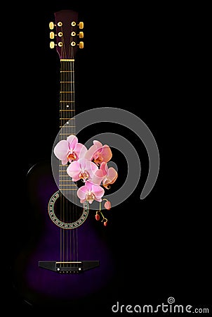 Music and flowers concept with a acoustic guitar and pink orchids Stock Photo