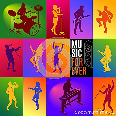 Music Forever Concept Poster and Banner with musicians, singers, fans silhouettes isometric icons on isolated multicolored backgro Vector Illustration