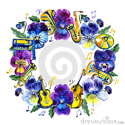 Music frame with summer and spring pansy flowers, notes. Hand drawn watercolor illustration. Cartoon Illustration