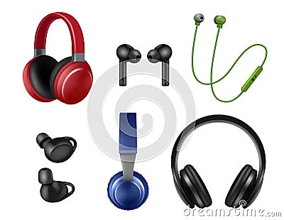 Music headphones. Realistic audio symbols music modern headset decent vector collection colored set Vector Illustration