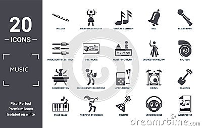 music icon set. include creative elements as piccolo, bladder pipe, orchestra director with stick, mp3 player with headphones, Vector Illustration
