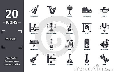 music icon set. include creative elements as violoncello, trumpet, gong, drum, music note, synthesizer filled icons can be used Vector Illustration