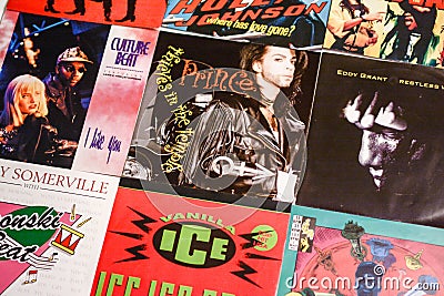 Music industry back in the 1990s 45 rpm single records Editorial Stock Photo