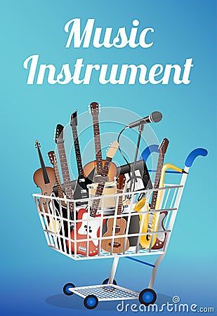 Music instrument with electric acoustic guitar bass drum snare violin ukulele saxophone keyboard microphone and headphone on a sho Vector Illustration