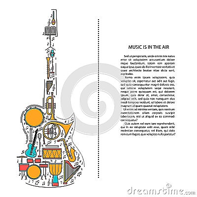 Music instrument line icons in electric guitar shape. Art musical brochure element. Vector decorative greeting card or Vector Illustration