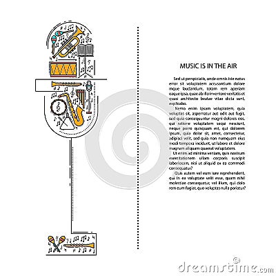 Music instrument line icons in microphone shape. Art musical brochure element. Vector decorative greeting card or Vector Illustration