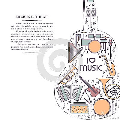 Music instrument retro line icon in guitar shape. Classic musical brochure. Vector decorative certificate card or Vector Illustration