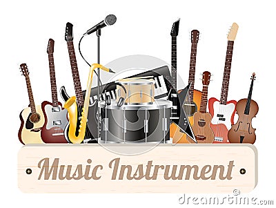 Music instrument wood board with electric acoustic guitar bass drum snare violin ukulele saxophone keyboard microphone and headpho Vector Illustration