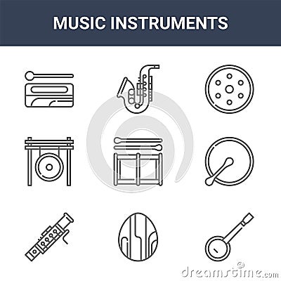 9 music instruments icons pack. trendy music instruments icons on white background. thin outline line icons such as banjo, bodhr?n Vector Illustration