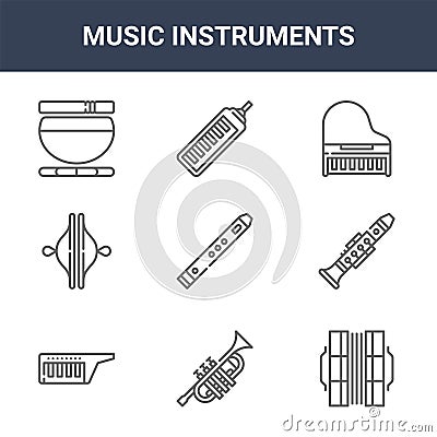 9 music instruments icons pack. trendy music instruments icons on white background. thin outline line icons such as concertina, Vector Illustration