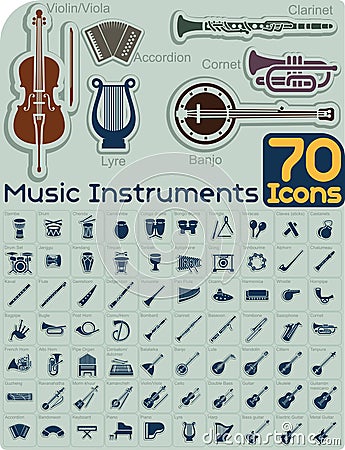 70 Music Instruments Icons Vector Set Vector Illustration