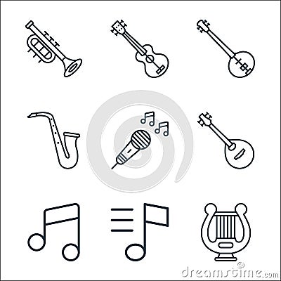 Music instruments line icons. linear set. quality vector line set such as harp, music notes, music notes, mandolin, microphone, Vector Illustration
