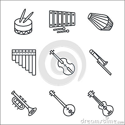 music instruments line icons. linear set. quality vector line set such as ukelele, sitar, trumpet, trombone, violin, pan flute, Vector Illustration