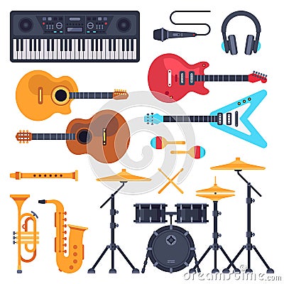 Music instruments. Orchestra drum, piano synthesizer and acoustic guitars. Jazz band musical instrument flat vector set Vector Illustration