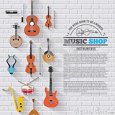 Music instruments on white modern brick wall concept. Icons design for your product or design, web and mobile Vector Illustration