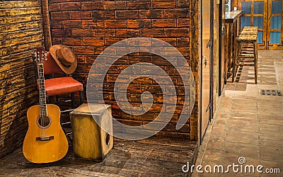 Music instruments on wooden stage Stock Photo