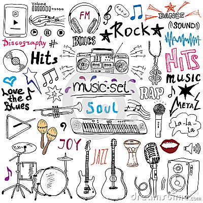 Music items doodle icons set. Hand drawn sketch with notes, instruments, microphone, guitar, headphone, drums, music player and mu Vector Illustration