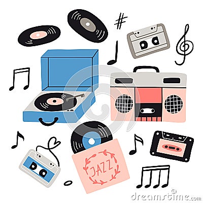 Music items doodle set Vector Illustration