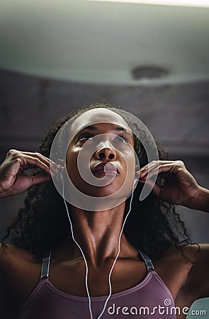 Music just gives me that extra boost in energy. an attractive young sportswoman listening to music while exercising Stock Photo