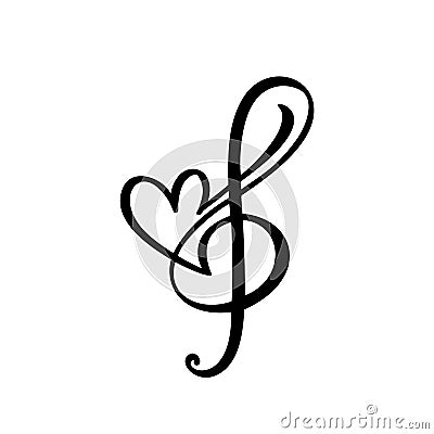 Music key and heart abstract hand drawn vector logo and icon. Musical theme flat design template. Isolated on the white background Stock Photo