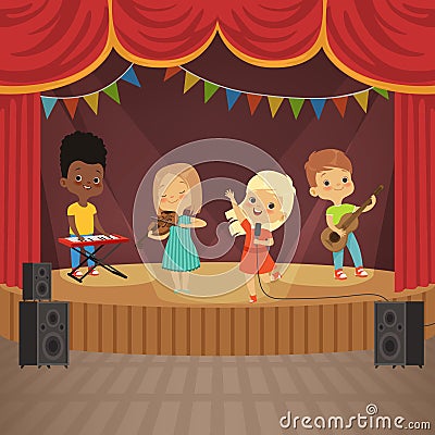 Music kids band on concert scene Vector Illustration