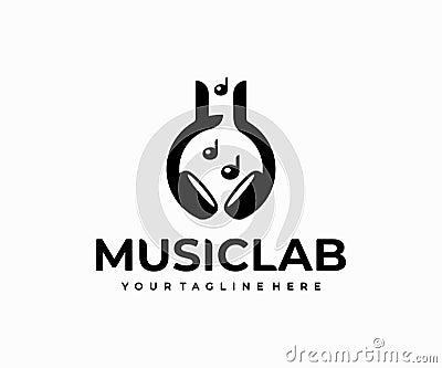 Music lab logo design. Chemistry flask and headphone vector design Vector Illustration