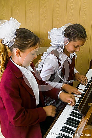 Music lesson in a rural school in Kaluga region in Russia. Editorial Stock Photo