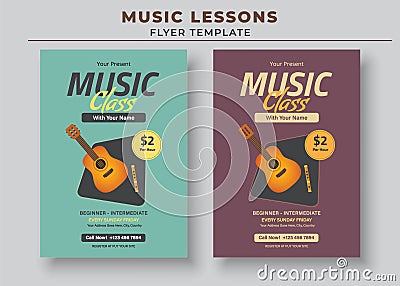 Music Lessons Flyer Template, Piano Lessons Poster, Music Class Poster, Guitar Lessons Poster Vector Illustration