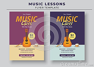 Music Lessons Flyer Template, Piano Lessons Poster, Music Class Poster, Guitar Lessons Poster Vector Illustration