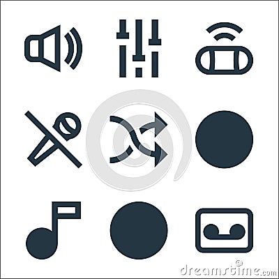 music line icons. linear set. quality vector line set such as cassette, cd burning, music note, vinyl, shuffle, mute, portable Vector Illustration