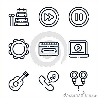 music line icons. linear set. quality vector line set such as earphones, music, guitar, music player, harmonica, tambourine, pause Vector Illustration