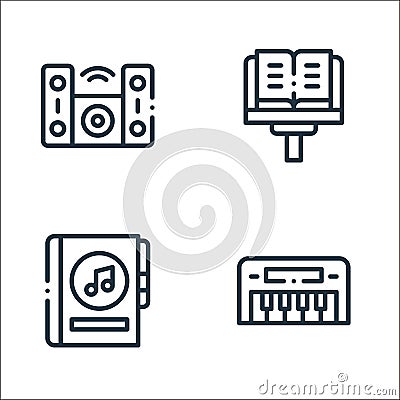 music line icons. linear set. quality vector line set such as keyboard, music book, partiture Vector Illustration