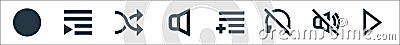 Music line icons. linear set. quality vector line set such as play, no sound, sound off, add to playlist, muted, shuffle, playlist Vector Illustration