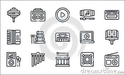 music line icons. linear set. quality vector line set such as radio, drum, music player, speaker, chimes, accordion, music player Vector Illustration