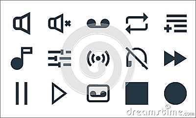 music line icons. linear set. quality vector line set such as vinyl, cassette, pause, stop, play, music note, sound off, repeat, Vector Illustration